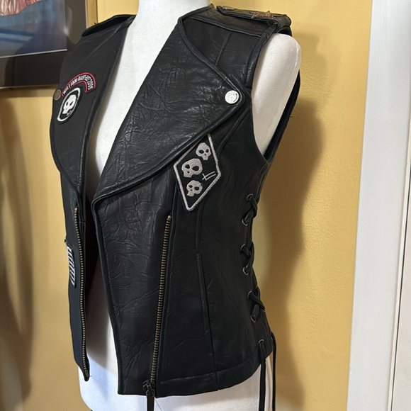 Vtg William Rast Designer Leather Moto Vest Lace Up Biker Patch Jacket - Picture 10 of 12